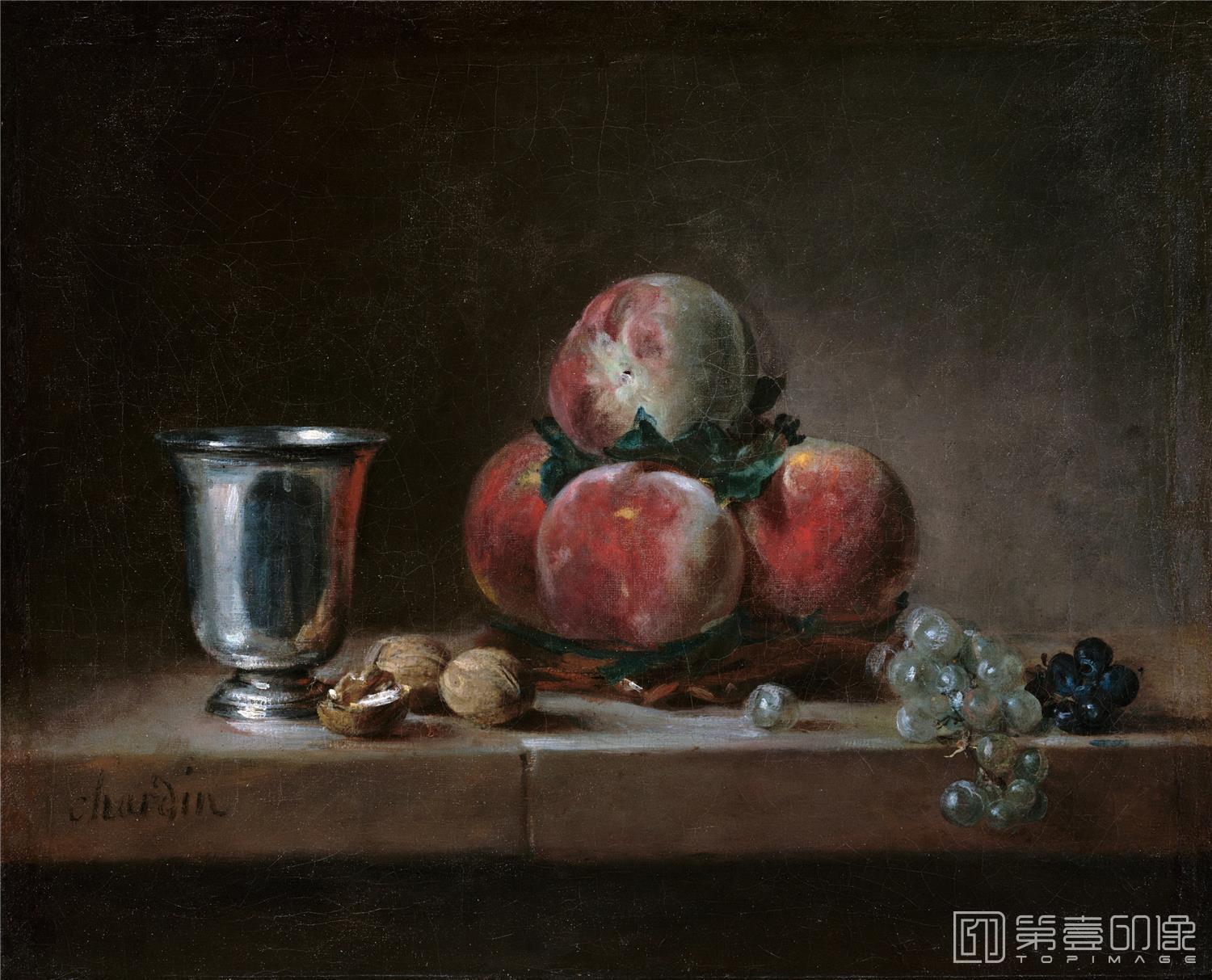油画-美国洛杉矶保罗盖蒂美术馆-Шарден Жан-Батист-Симеон (Париж 1699-1779) - Натюрморт с персиками, серебряным кубком, виноградом и грецкими о-365